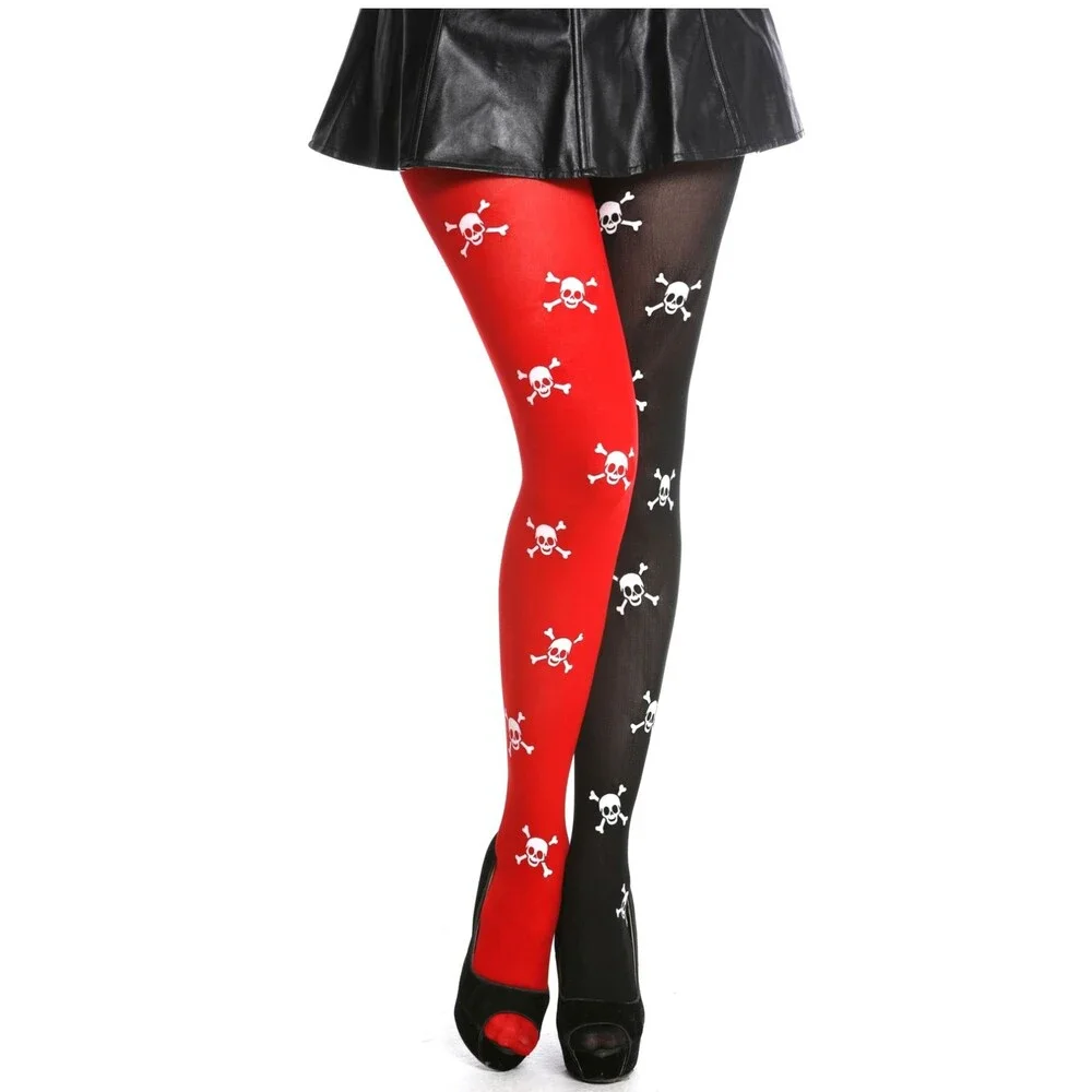 Red Black Skull Crossbones Thigh High Stockings Harlequin Goth Punk Costume